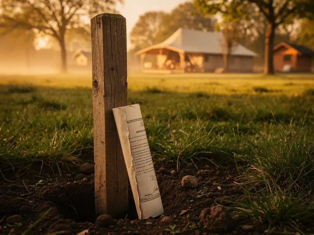 Verwerkte houten meetpaal in groen recreatieland met opgerolde eigendomsakte, glamping resort zichtbaar in gouden avondlicht tussen Nederlandse bomen.