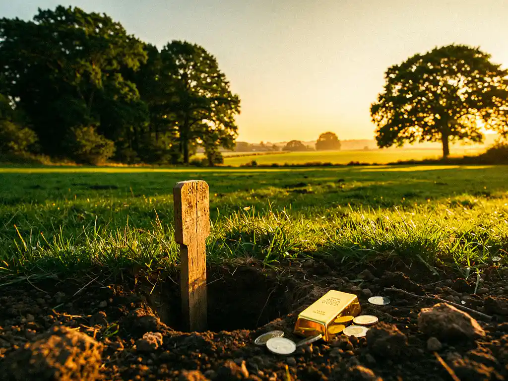 Houten eigendomspaal in vruchtbare grond van een groen recreatieterrein in het Nederlandse landschap, goudkleurig avondlicht.
