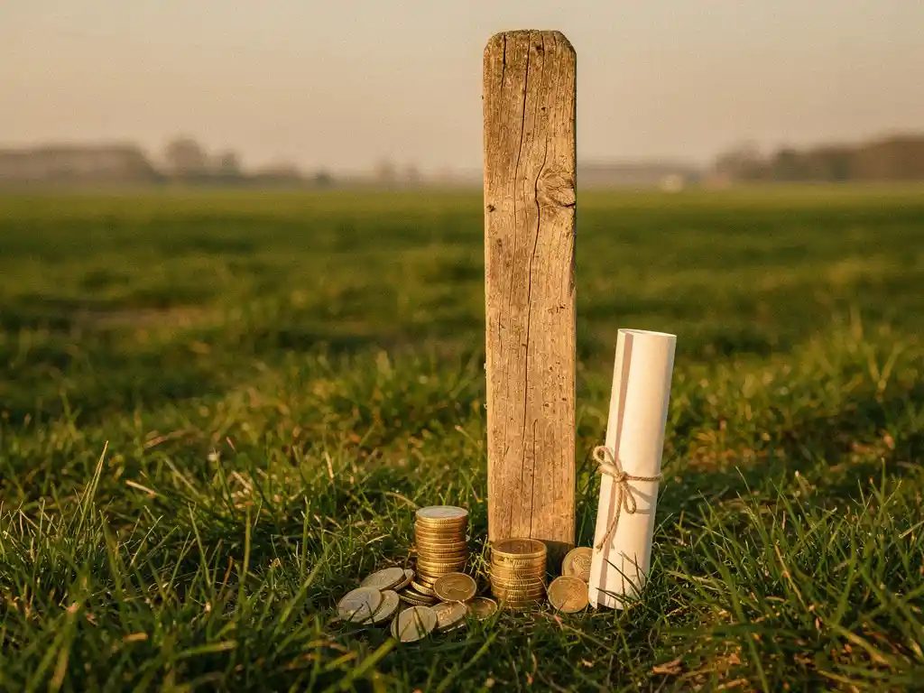 Verouderde houten meetpaal in groen recreatieland met opgerolde eigendomsakte en euromunten, Nederlands weilandschap op de achtergrond.