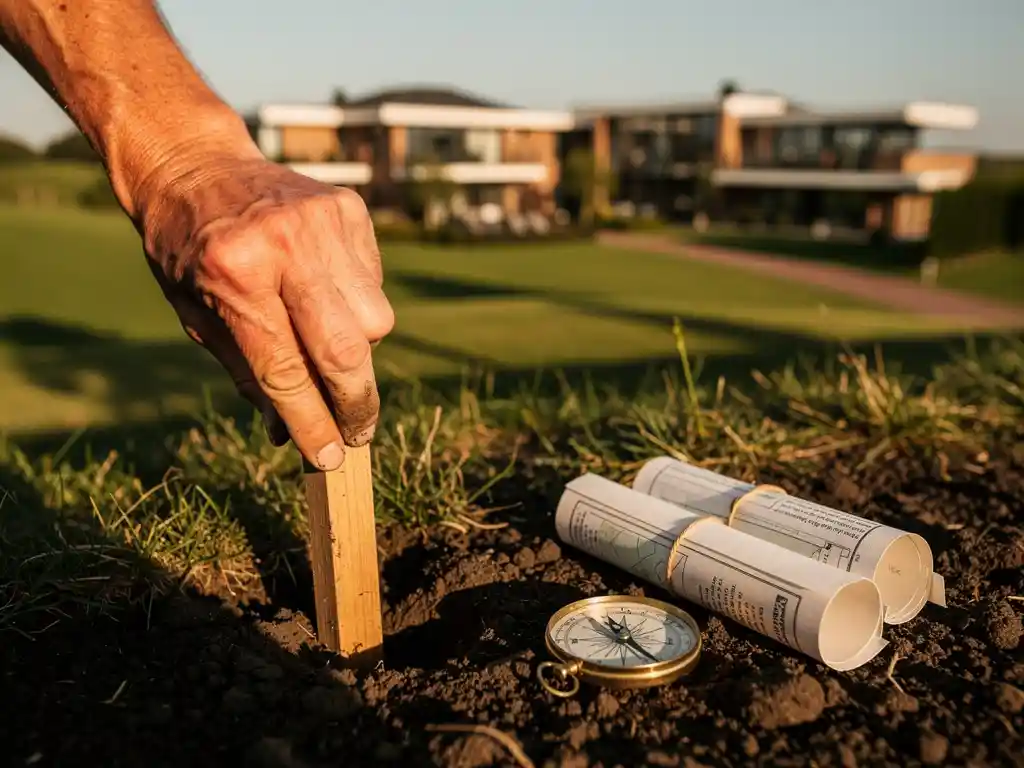 Verweerde hand die een meetpaal in donkere grond drukt op een zonnig Nederlands weiland, met een recreatiepark op de achtergrond.