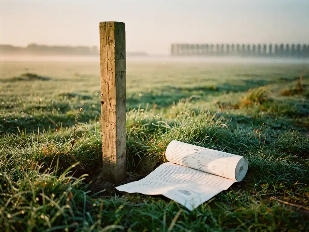 Verouderde houten landmeetpaal in groen recreatieland naast een opgerold kadasterdocument, gouden ochtendlicht over Nederlands landschap.