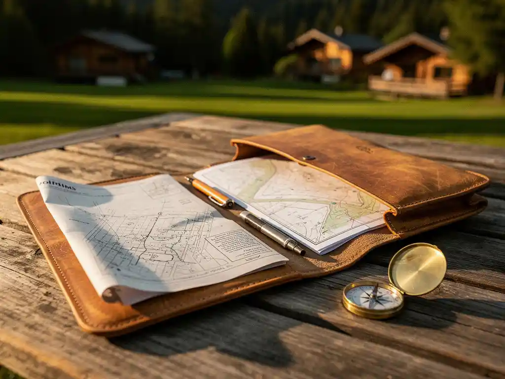Versleten leren portfolio met landmeetkundige kaarten, bodemrapport en kompas op rustieke houten tafel, recreatiepark met chalets op achtergrond.