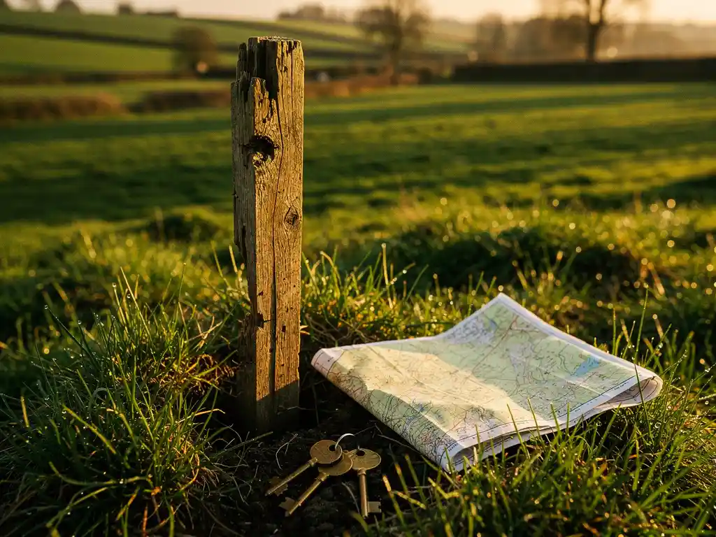 Verouderde houten landmeetpaal in groen weiland met topografische kaart en oude messing sleutels, Nederlands heuvellandschap op de achtergrond.