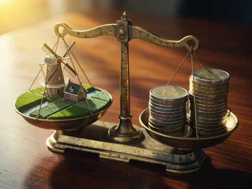 Versleten messing weegschaal met miniatuur Nederlands landstuk en gestapelde euromunten op een eiken bureau.