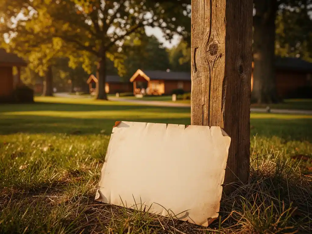 Verouderd houten gronddocument op gras naast een rustieke grenspaal, met een Nederlands recreatiepark zacht onscherp op de achtergrond.