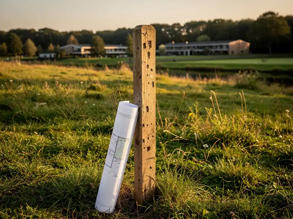 Verweerde houten meetpaal in groen recreatieland met opgerolde situatietekening, omgeven door bomen in een Nederlands buitengebied.