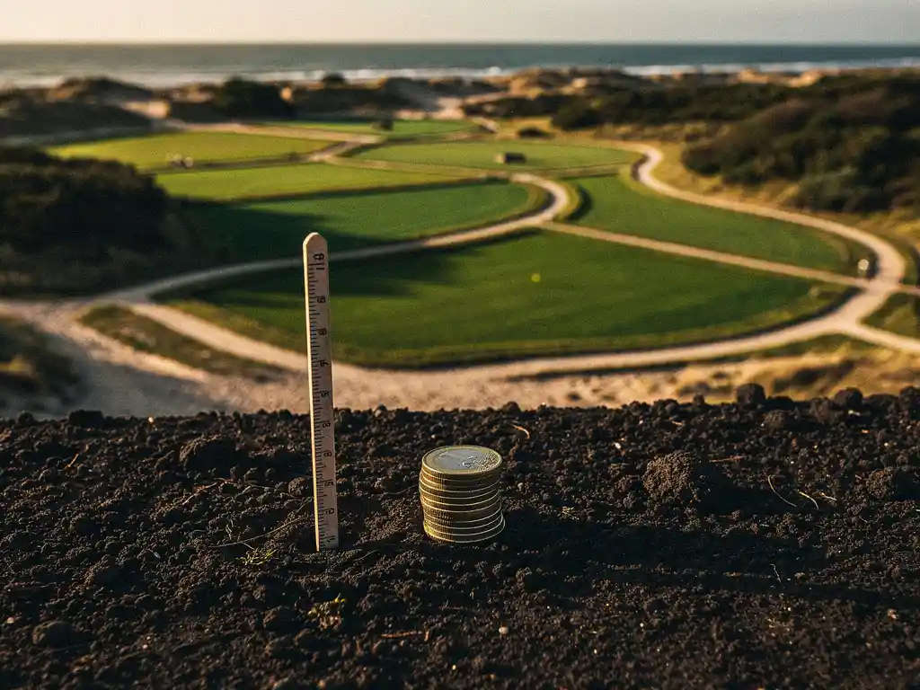 Euromuntjes op vruchtbare grond naast een meetpaal in een Nederlands kustlandschap met groene recreatiepercelen.
