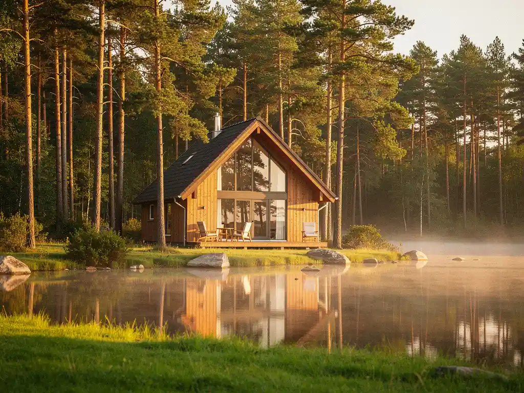 Houten vakantiechaletje tussen hoge pijnbomen aan een spiegelgladde bosmeer, gouden middaglicht en lichte mist boven het water.