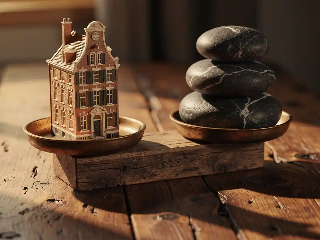 Verweerde houten weegschaal op rustiek eiken bureau, met miniatuur Hollands grachtenpand tegenover donkere stormwolken als stenen, in warm amberkleurig licht.