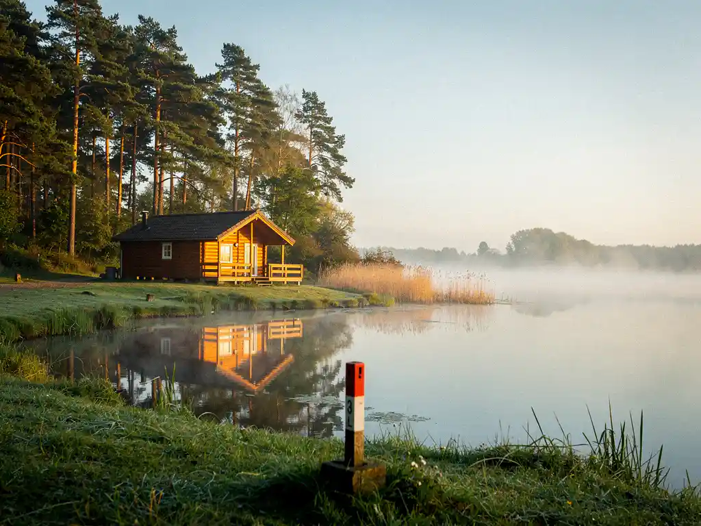 Houten cabin aan een rustige reflecterende meer in het Nederlandse landschap, met een landmeetpaal in het voorgrondgras tijdens gouden uurgzonlicht.