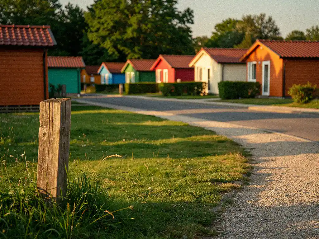 Houten grenspaal op de rand van een groene vakantiecamping met gekleurde chalets, grenzend aan een rustige woonstraat met pannendaken in warm avondlicht.