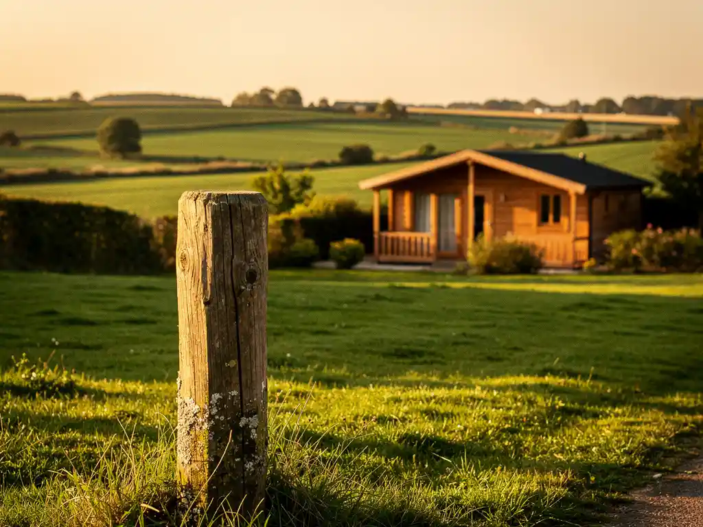 Verouderde houten grenspaal op een groen recreatieperceel met een rustiek vakantiehuisje en Nederlands landschap op de achtergrond.