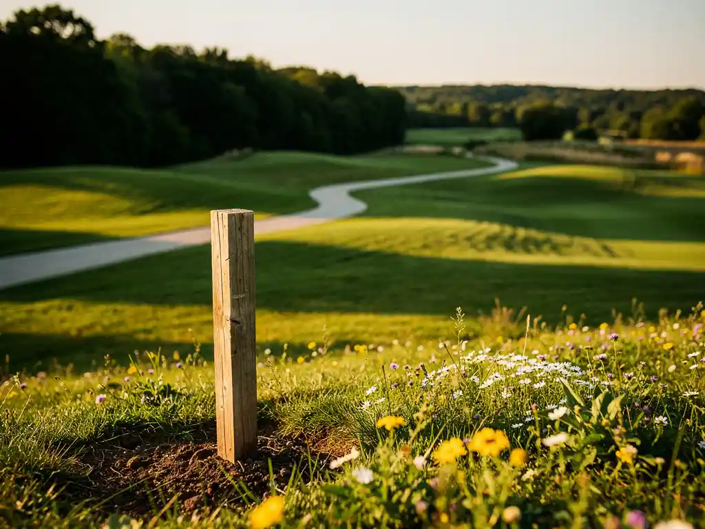 Verouderde houten landmeetpaal in groen recreatieland met grindpad, wilde bloemen en gouden avondlicht over weidse horizon.