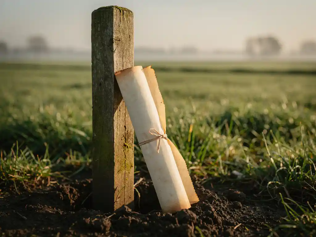 Verwerkte houten meetpaal in een Nederlandse polderweiland met een opgerold landakte document, gouden ochtendlicht en lichte mist op de achtergrond.