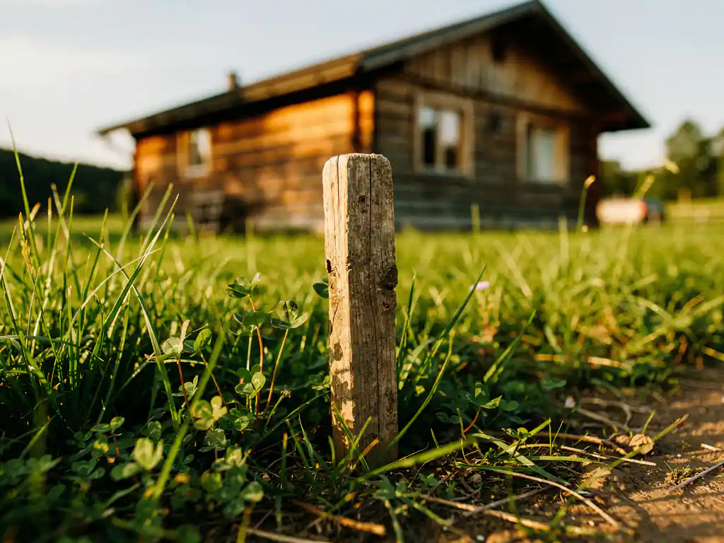 Verouderde houten landmeetpaal in weelderig groen recreatielandschap, met een rustieke blokhut op de achtergrond in warm middagzonlicht.