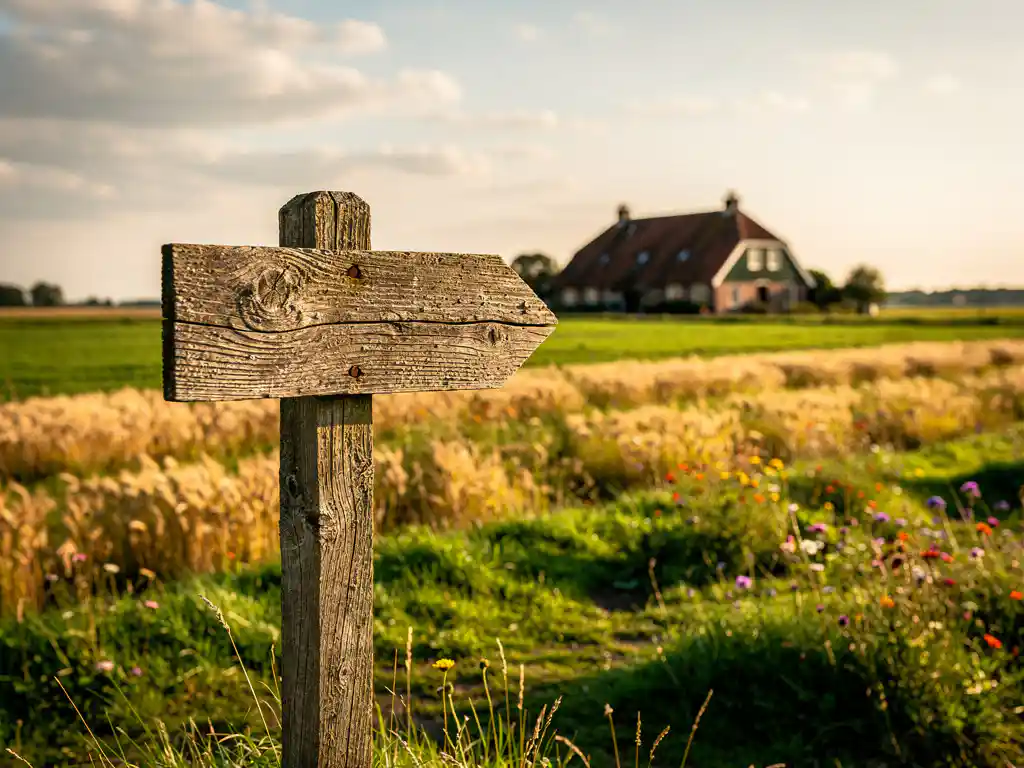 Verweerde houten wegwijzer in het Nederlandse platteland met groene weilanden, wildebloemen en een boerderij op de achtergrond.