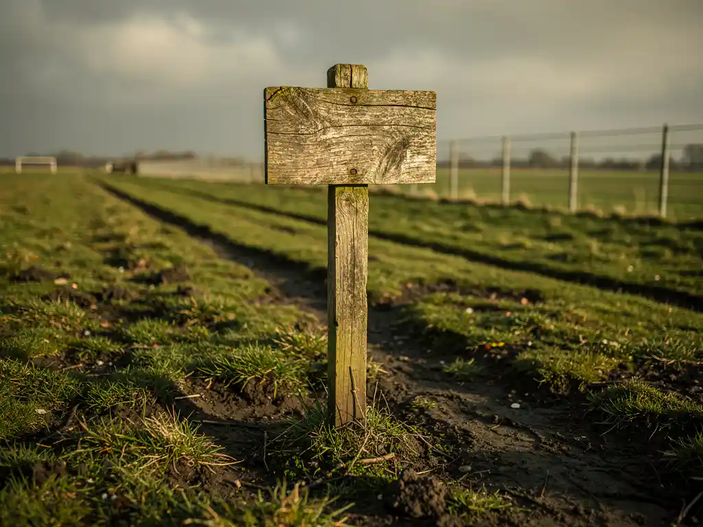 Verweerde houten wegwijzer in groen recreatiegebied met gedeeltelijk zichtbaar grenshek onder bewolkte Nederlandse lucht.