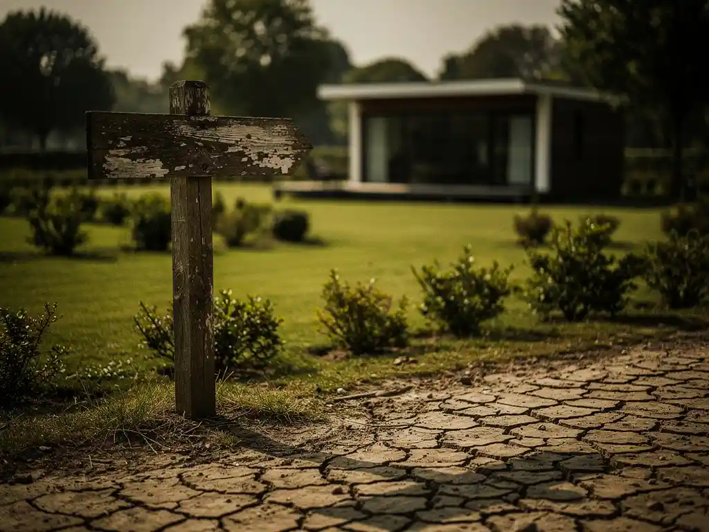 Verweerde houten wegwijzer aan de rand van een Nederlands recreatiepark, met lange schaduw op gebarsten droge aarde en vaag zichtbaar luxe vakantiehuisje op de achtergrond.