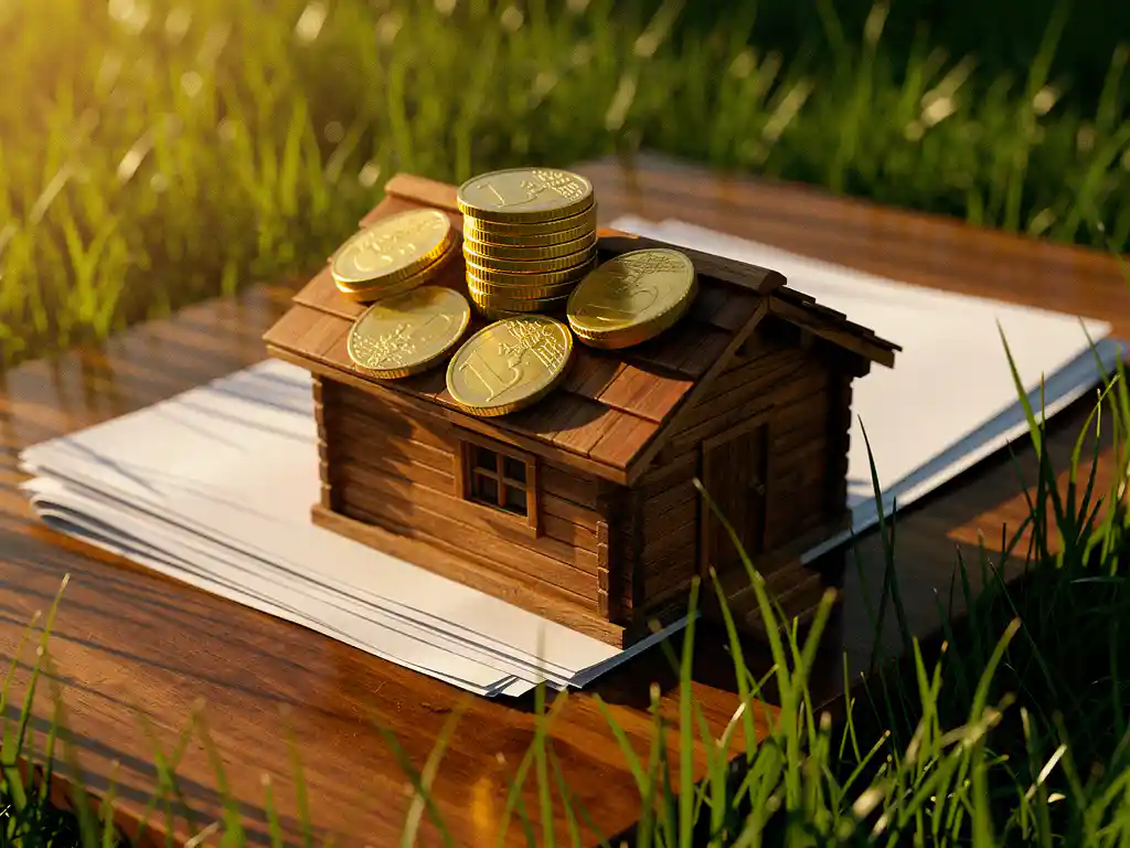 Stapel gouden euromunten op een miniatuur houten huisje met groen gras en een zichtbaar huurcontract op een eikenhouten ondergrond.