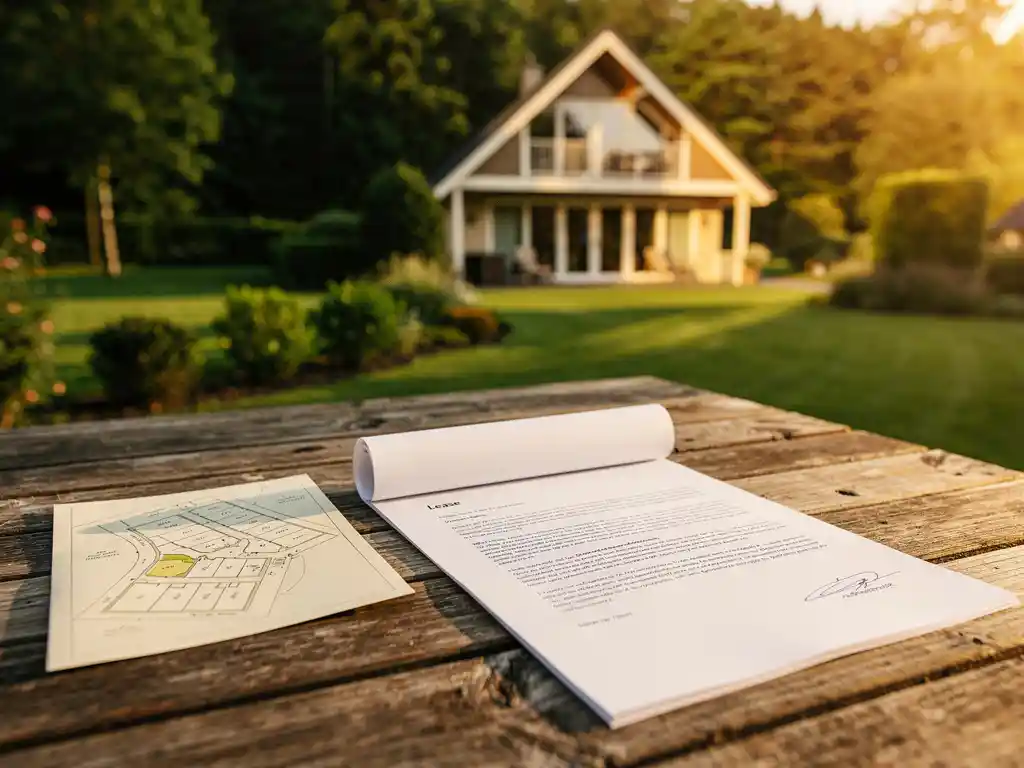 Ondertekend huurcontract op houten tafel met een perceelkaart, recreatiewoning en groen vakantiepark op de achtergrond.