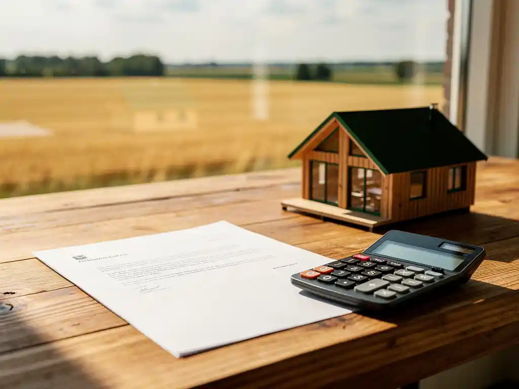 Financieel document en calculator op houten tafel naast miniatuurmodel van vakantiewoning, met Nederlands landschap op de achtergrond.