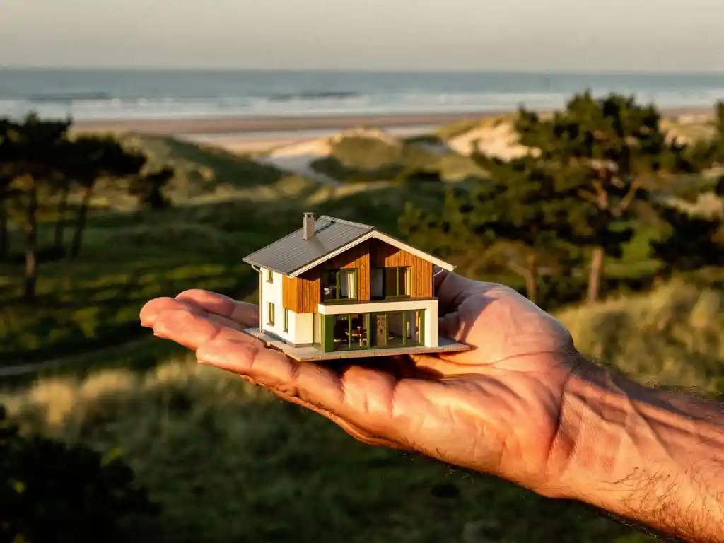 Ervaren investeerder houdt miniatuurmodel van luxe vakantiechalets vast met groen Zeeuws kustlandschap op de achtergrond.