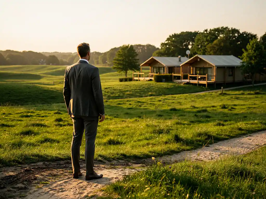 Vastgoedinvesteerder aan de rand van een groen recreatieperceel in Zeeland, met een luxe glamping resort zichtbaar op de achtergrond in goudkleurig middaglicht.
