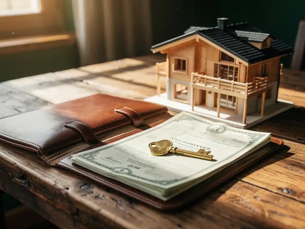 Opengeslagen leren investeringsportfolio op eiken tafel naast schaalmodel van luxe vakantiechalet en messing sleutel op eigendomsdocumenten.