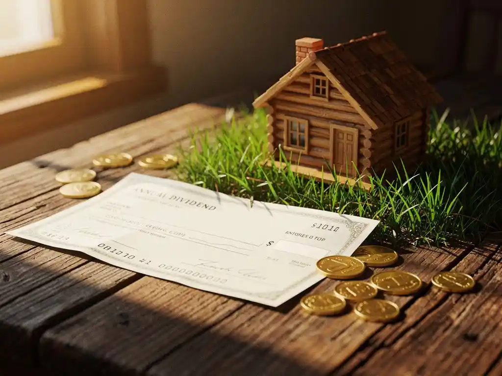 Gevouwen dividendcheque op rustiek houten tafel naast miniatuur houten huisje, omringd door groene blaadjes en gouden munten in warm middagzonlicht.