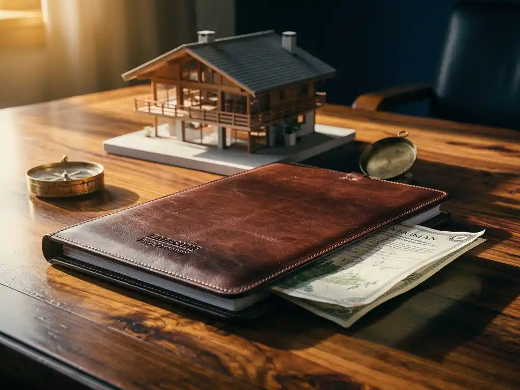 Leren juridisch contract op eikenhouten bureau naast een architectuurmodel van een chalet, kompas en grondregisterakte in warm amberkleurig licht.