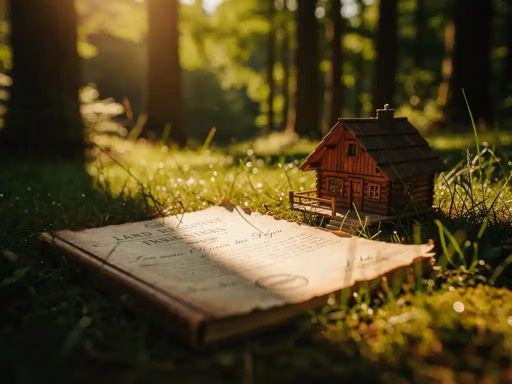 Verouderd houten grondregistratiedocument op gras naast een miniatuur chalet, warm middaglicht en groene bokeh op de achtergrond.