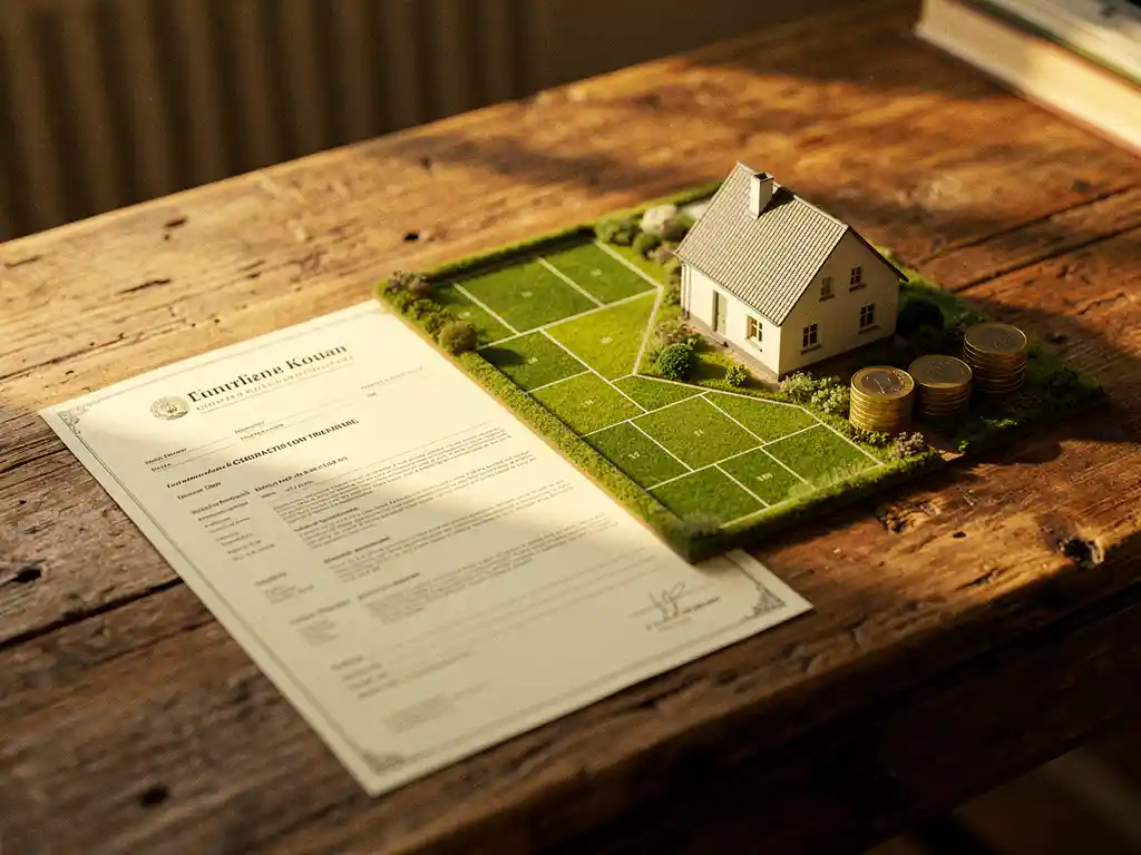 Verouderd houten bureau met Nederlands kadasterdocument, miniatuurhuis op groen perceelkaart en gestapelde euromuntjes in warm middaglicht.