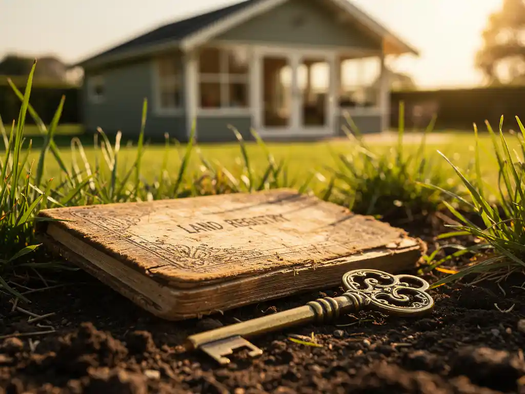 Verouderd houten kadasterdocument en antieke sleutel op de grond van een Nederlands recreatiepark, met vakantiehuisje op de achtergrond.