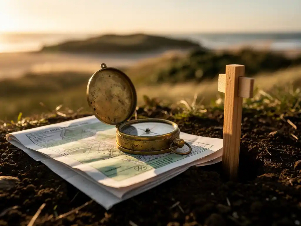 Verouderd messing landmeeterkompas op gevouwen kadasterdocument naast een houten perceelmarkering in Nederlandse kustgrond, gouden-uurlicht.