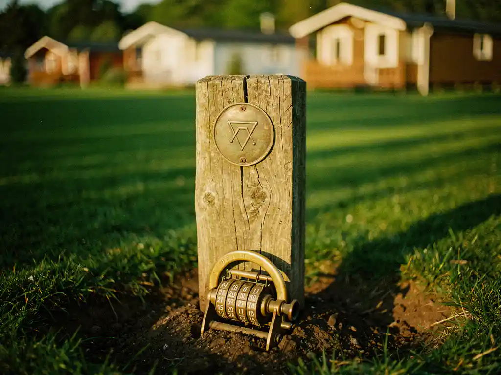 Verweerde houten paal met metalen kadastermarkering in groen recreatiepark, vakantiehuisjes op de achtergrond, gouden middaglicht.