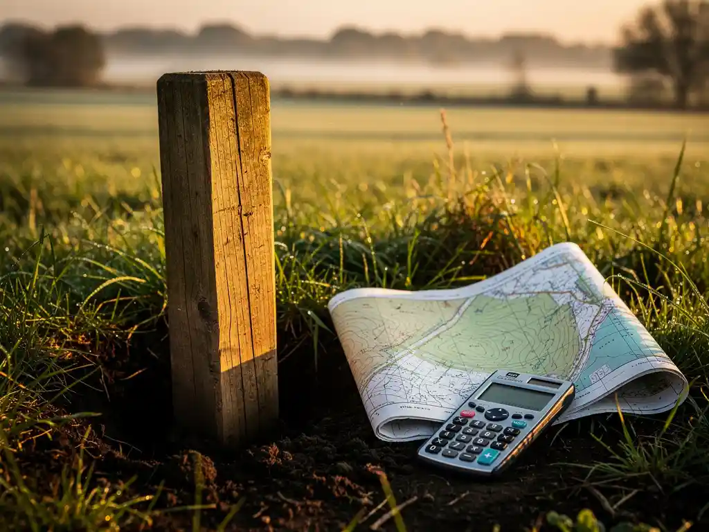 Verweerde houten landmeetpaal in groene weide met gevouwen topografische kaart en rekenmachine, gouden ochtendlicht over Nederlands landschap.