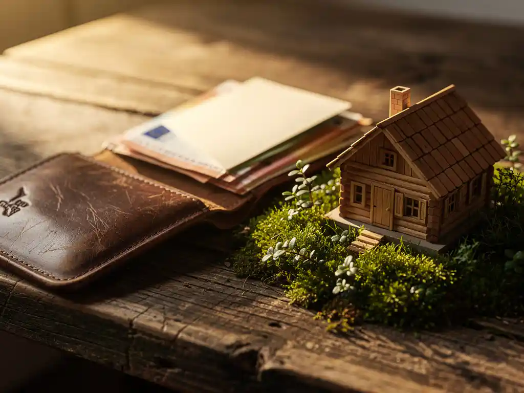 Opengevouwen leren portemonnee met eurobiljetten en een gronddocument op rustiek hout, miniatuur houten hut op mos op de voorgrond.