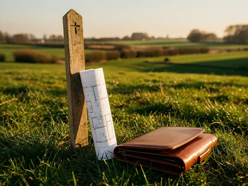 Verweide houten meetpaal in groen recreatieland met opgerolde bouwtekening en open leren portfolio, zachte Nederlandse polderlandschap op de achtergrond.