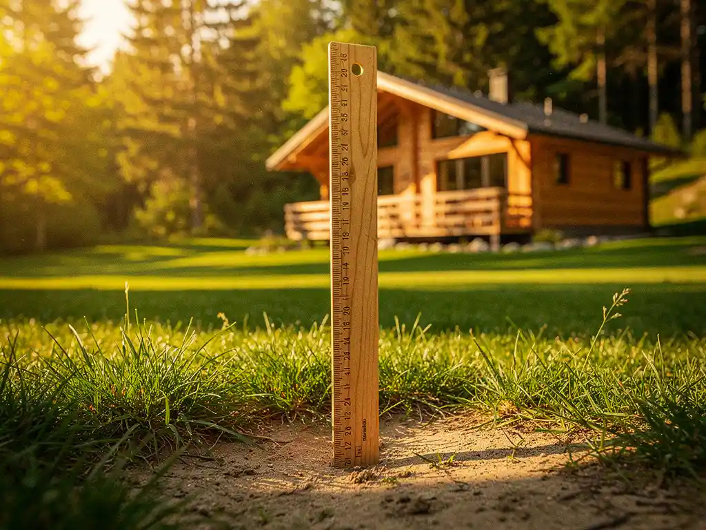 Houten meetstok in groen gras op recreatieplot met vakantiechalets op achtergrond in warm middagzonlicht.