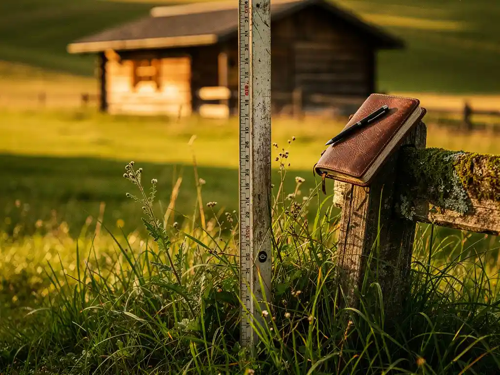 Landmeetkundige meetlat in weelderig groen recreatieland, met een houten hut op de achtergrond en een leren notitieboek op een omheiningspaal.