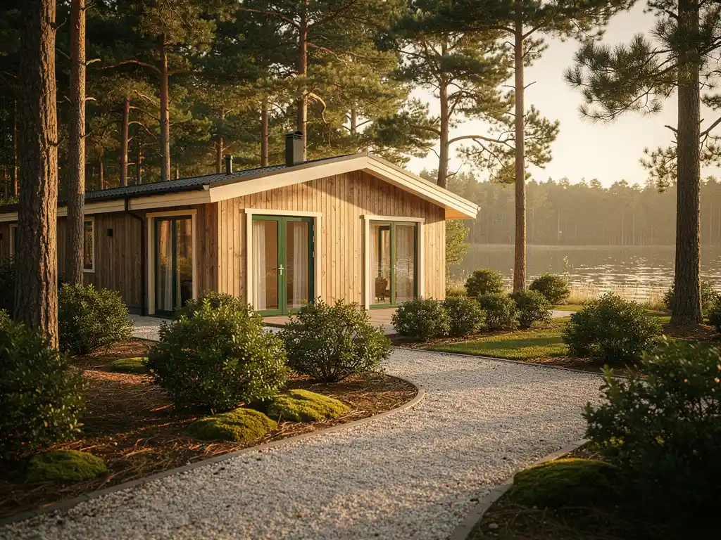 Luxe recreatiechalet met houten bekleding tussen hoge pijnbomen op een Nederlands vakantiepark, goudkleurig middaglicht en rustig meer op de achtergrond.