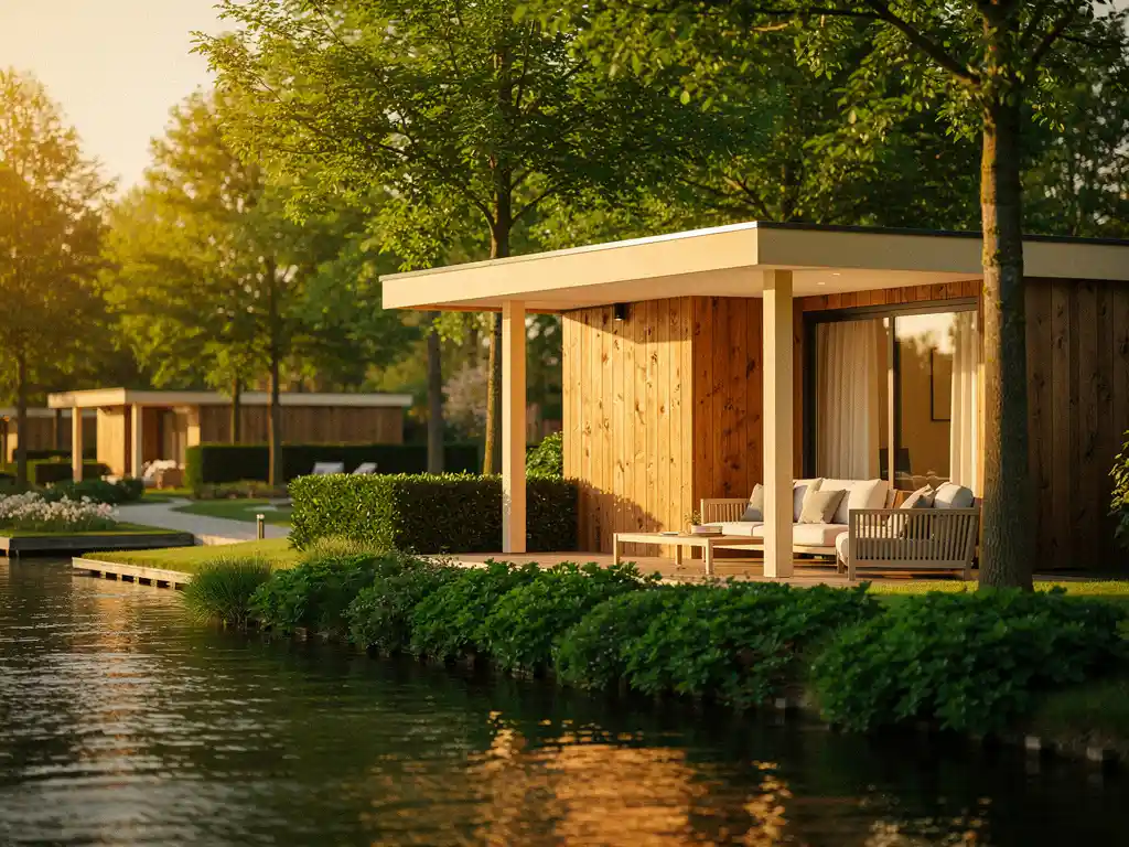 Luxe recreatiechalet met houten gevel aan rustig Nederlands waterkanaal, omgeven door weelderig groen in warm middaglicht.