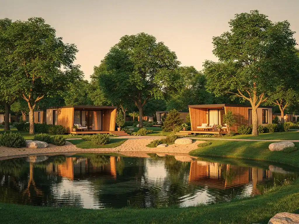 Luxe glamping cabins tussen volwassen bomen in een weelderig groen park, weerspiegeld in een rustige vijver bij gouden middaglicht.