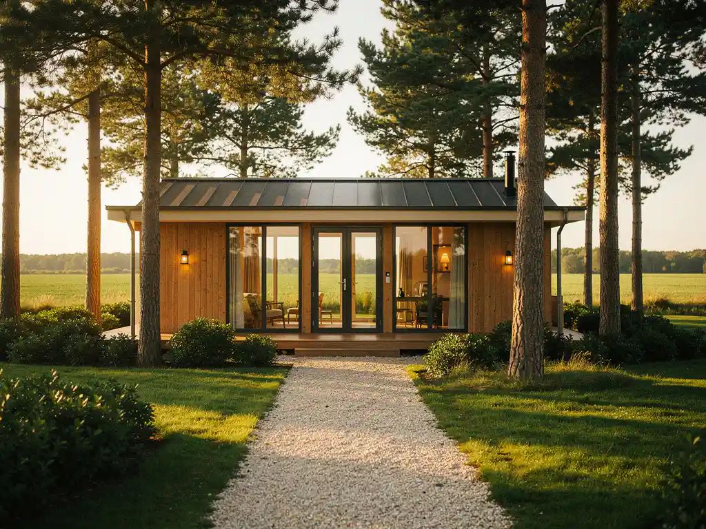 Luxe glamping lodge tussen hoge dennenbomen bij gouden uur, met panoramische ramen, lantaarnlicht en een grindpad in het Nederlandse landschap.
