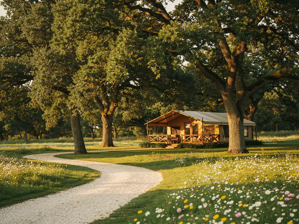 Luxe glamping lodge tussen oude eiken in een weelderig groen park, met kronkelend grindpad en wilde bloemen in warm middaglicht.