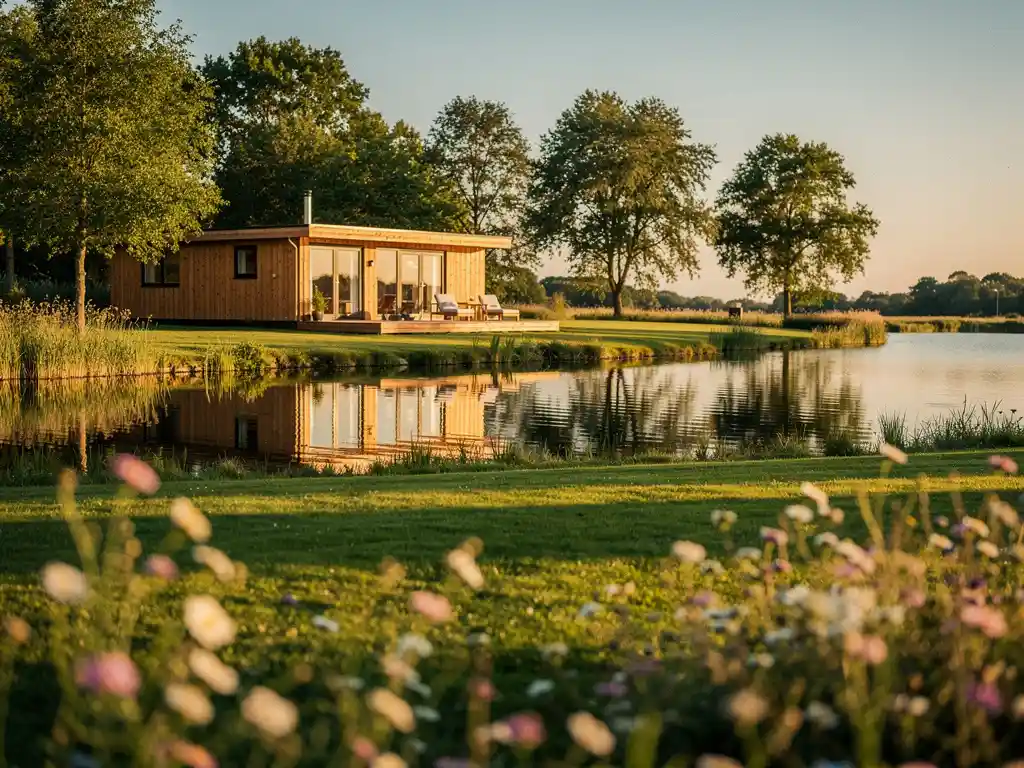 Luxe houten glamping lodge aan rustig meer in Zeeland, omgeven door weelderig groen en wilde bloemen in gouden avondlicht.
