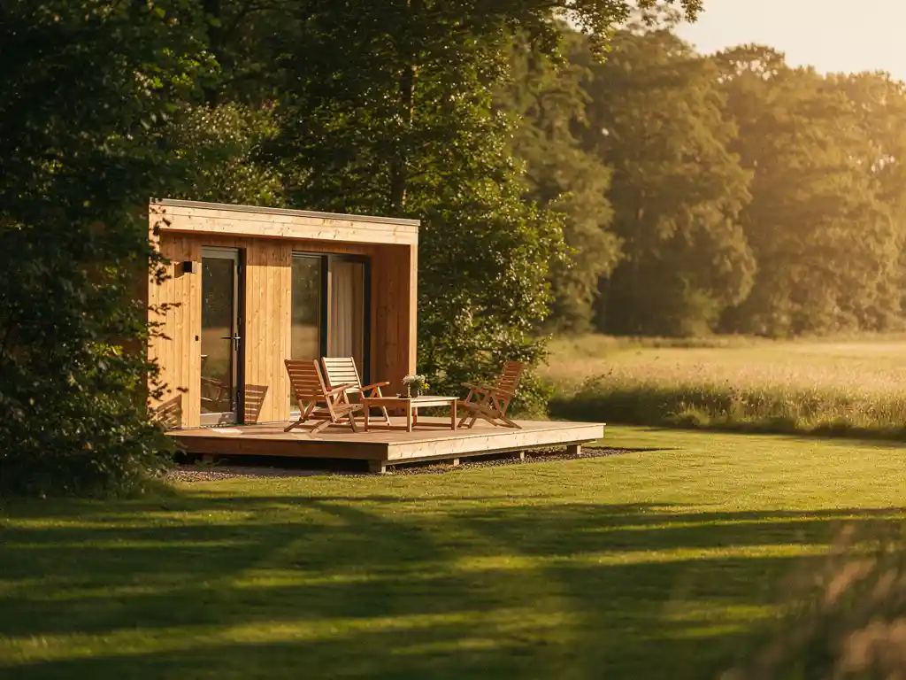 Luxe glamping lodge in Zeeland omgeven door weelderig groen, met privéterras van natuurlijk hout en uitzicht op een rustige weide in warm middaglicht.