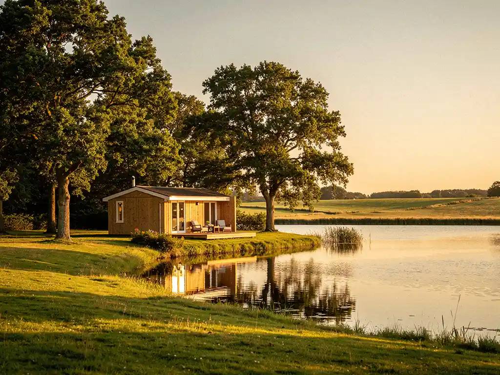 Houten vakantiechalets naast rustig meer in Zeeland, omgeven door eiken en groene weilanden in gouden middaglicht.