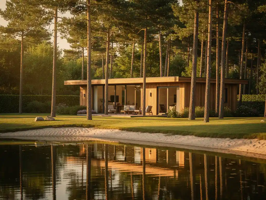 Luxe houten chalet op Nederlands vakantiepark, omgeven door dennenbomen, met rustige vijver die de houten gevel weerspiegelt.