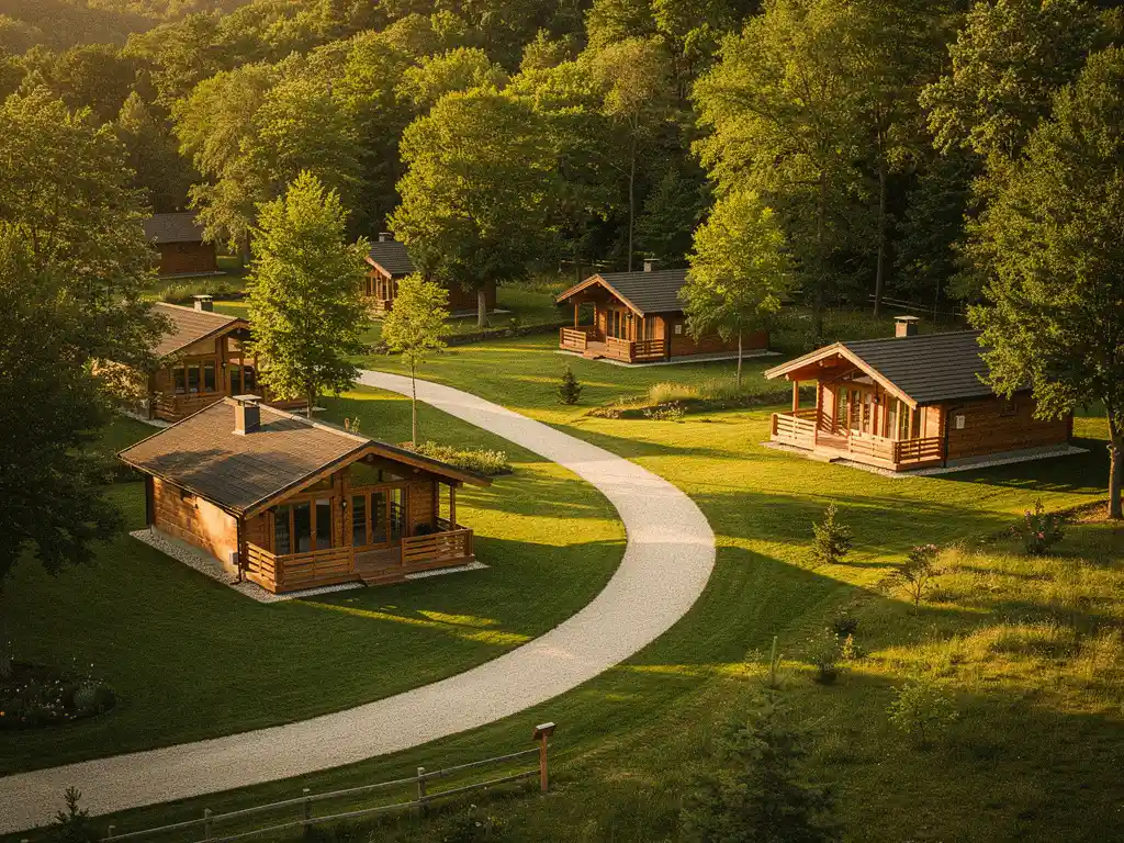 Luchtfoto van luxe vakantiepark met houten chalets tussen groene bomen, grindpad en gouden middagzon op verzorgde gazons.